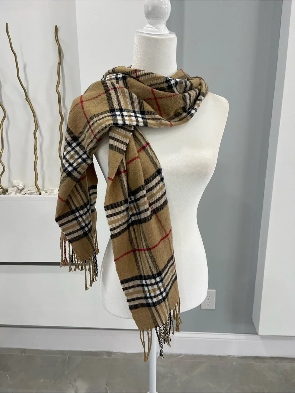 Plaid Tan Fringe Scarf - Women Accessories